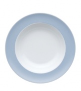 Rosenthal's Sunny Day soup bowl shines on casual tables with sky-blue accents in dishwasher-safe porcelain. A perfect size for pasta, too!