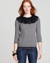 This superbly-striped MARC BY MARC JACOBS sweater, this season's softest statement maker, features a whimsical ruffled neckline, reminiscent of the look worn by the celebrated 17th century Pierrot character.