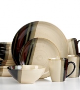 Streaks of deep, earthy tones create an artfully dynamic, yet comforting look over cream-glazed stoneware in the Alpha collection from Sango. Its simple lines and rounded shapes give this set an ideal, transitional design.
