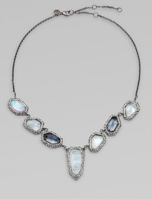 From the Miss Havisham Collection. A striking piece crafted of free-form linked stones of opal-colored white quartz and faceted glass in a gunmetal finish setting dotted with Swarovski crystals.White quartzCrystalGlassRuthenium plating and gunmetal platingLength, about 16 with 3 extenderLobster claspMade in USA From the Miss Havisham Collection. A striking piece crafted of free-form linked stones of opal-colored white quartz and faceted glass in a gunmetal finish setting dotted with Swarovski crystals.White quartzCrystalGlassRuthenium plating and gunmetal platingLength, about 16 with 3 extenderLobster claspMade in USA