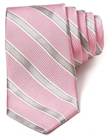 Plush Italian silk cut for a traditional width and resplendent with a classic bar stripe pattern brings luxury to your work day. Plush Italian silk cut for a traditional width and resplendent with a classic bar stripe pattern brings luxury to your work day.