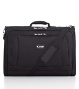 Your wardrobe gets carried away! Upgrade the way you travel with this convenient, compact-sized garment bag, which houses a fully-lined interior with a universal buckle to hold several hangers and keep your clothes wrinkle-free. A large locking front pocket, removable extender panel for longer garments and adjustable padded carry handle make this bag a first-class companion.