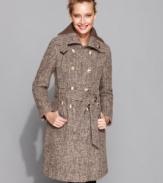 Calvin Klein updates the classic trench coat with fall's favorite fabric: textural tweed! The knit collar adds a soft touch to the structured silhouette. (Clearance)