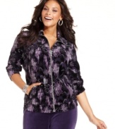 Lounge in the luxe comfort of Style&co.'s plus size velour jacket, featuring a spirited print.