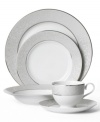 Clean, cool and marked by an understated elegance, Mikasa's fine china dinnerware and dishes collection features a soft gray border embellished with an intricate scroll design. Inner and outer borders of platinum perfect the look of the Parchment 5-piece place settings.