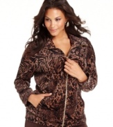 Look fierce while you lounge in Style&co. Sport's plus size velour jacket, featuring an animal-print.