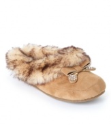 Pamper yourself every moment of the day. The Prettier slippers by Jessica Simpson combine soft suede and fuzzy fur for glamour no matter the time.