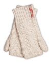 Cozy cable knit wrist warmers with thumb and peekaboo finger opening.