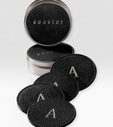 Simple yet refined, these entertaining essentials are made of French calfskin with protective, non-skid backing. Set arrives in a tin canister with leather top Perfect gift idea 4 diameter Made in USAFOR PERSONALIZATIONSelect a color and quantity, then scroll down and click on PERSONALIZE & ADD TO BAG to choose and preview your personalization options. Please allow 1 week for delivery.