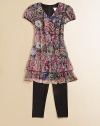 Soft tiers of ruffles, in a painterly floral print.V neckline Puffed sleeves Ruffled placket with button detail Ruffled hem Back zip Back self tie Fully lined 65% polyester/35% nylon Machine wash Imported