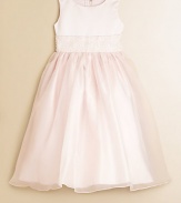 The darling of every special occasion, tailored in satin with an organza skirt and a lovely hand-beaded cummerbund. Natural waist with hand-beaded cummerbundBack organza bowHidden back zipperFully linedPolyesterDry cleanImported