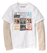 Squares of graphic designs and long thermal sleeves keep him too cool for school.