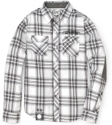 GUESS Kids' Jaspe shirt re-imagines a classic plaid work shirt with faux-suede trim and elbow patches.