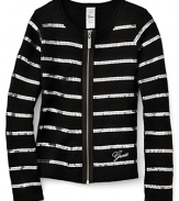 Silver sequin stripes glam up this glittering GUESS Kids cardigan, finished with a silver signature logo.