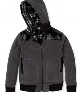 Sporting sleek faux leather trim, this reversible plaid GUESS Kids jacket is a fresh take on the must-have hoodie.