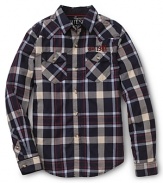 A haute-grunge plaid print and rolled sleeve styling amps up the cool factor of this GUESS Kids button-up.