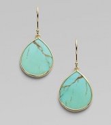 The natural beauty of turquoise, elegantly framed in a slender setting of 18k gold. Turquoise 18k yellow gold Drop, about 1 Ear wire ImportedPlease note: Due to the characteristics of natural stone, color and pattern may vary slightly. 