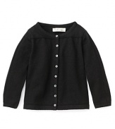 A lightweight cardigan from Pearls & Popcorn boasts pointelle and gathering accents with luxe Mother of Pearl buttons.