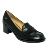 A chic colorblocked effect adds a modern twist to Nine West's otherwise classic NewKimmie penny loafer pumps. Crafted in leather with a contrast vamp, they include a comfortable round-toe silhouette and low stacked heel.