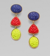 A colorful, hand-poured resin accented style with a floral design. Hand-poured resin24k goldplated brassDrop, about 3¾Clip-on backMade in USA 