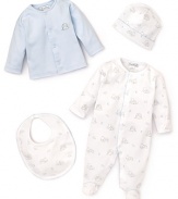 Kissy Kissy combines the solid-color cardigan and animal print footie with the matching blanket and cap for a super comfy newborn look.