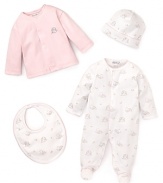 Kissy Kissy combines the solid-color cardigan and animal print footie with the matching blanket and cap for a super comfy newborn look.