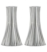 Always shining, the Silver Vertical Bound candlestick from Donna Karan Lenox is wrapped in long metal channels that overlap to create a simple cone shape.
