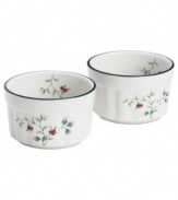 A classic holly print, fluted finish and tree-green banding make Pfaltzgraff Winterberry ramekins a festive addition to holiday tables.