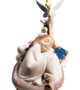 Dream come true. No figment of her imagination, this heartwarming Disney figurine depicts a young child sleeping soundly under Tinker Bell's watchful eye. Handmade in Nao by Lladro porcelain.
