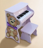 An adorable toddler piano sits on the ground and can easily be raised into an upright as a child grows. For ages 3 and up Teddy bear decoration on one side Makes chime-like piano sounds Songbook included with classic songs Keys spaced to teach proper finger placement Removable color-coordinated strip guides small fingers from chord to chord Hardwood/hardboard 17W X 10¾H X 10½D Imported