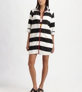 Bold black and white stripes with a contrasting red zipper make this coverup a must-have this season.Stand collarThree-quarter sleevesFront zipperSlash pocketsCottonMachine washMade in USA of Italian fabric