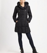 This quilted coat features a brilliant snapped collar that easily converts to a shawl collar or hood.Convertible pillow collarAsymmetrical double zipperZipper and flap pocketsBelted silhouetteAbout 33 from shoulder to hemNylonFill: goose down feathersDry cleanImported Model shown is 5'10 (177cm) wearing US size 4. 