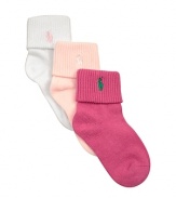 Three-pack of versatile, solid stretch cotton socks can be worn up as trouser socks or triple-rolled to reveal a preppy pony detail.