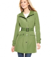 In a classic mid length, this London Fog hooded raincoat is your go-to for damp days while a belt keeps your look silhouette sleek & chic!