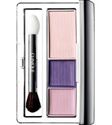 Creamy, intense shadows build quickly, blend easily to a wash of long-lasting colour. Three coordinating shades for a wardrobe of possibilities. Each can be worn alone, as pairs, or layered together. Sleek, transparent-bottom case makes it easy to select shades. Ophthalmologist tested.