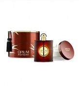 The Opium by Yves Saint Laurent Prestige Set contains a 3 oz. Eau de Parfum Spray and a 6.6 oz. Body Crème in a deluxe reusable box.