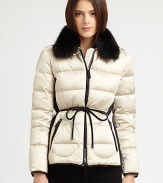 A plush fox fur collar elevates this quilted, sporty puffer style.Blue fox fur collarEpaulettesZip frontContrast pipingSide zip pocketsContrast side panelsMetal-tipped leather cord waist tieBack button tabsFully linedAbout 24 from shoulder to hemPolyesterImportedFur origin: FinlandModel shown is 5'10 (177cm) wearing US size Small. 