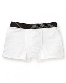 A soft, supportive trunk with contoured pouch and Burberry's signature check pattern along elastic waist. A soft, supportive trunk with contoured pouch and Burberry's signature check pattern along elastic waist.