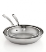 A busy kitchen's defining moments. Meet your prep stars-two stainless steel dishwasher-safe fry pans step up to an endless list of tasks with the ease & versatility of true professionals. With aluminum encapsulated impact-bonded bases, this set heats up fast & evenly and enhances moisture circulation for tender, flavor-rich results. Limited lifetime warranty.