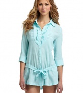 THE LOOKCrinkled textureShirt collarRuffled bib frontButton frontThree-quarter length sleeves with button cuffsRemovable tie beltTHE FITAbout 28 from shoulder to hemTHE MATERIALCottonCARE & ORIGINHand washImportedModel shown is 5'10 (177cm) wearing US size Small. 