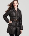 Andrew Marc's luxe down coat boasts a belted silhouette for flattering, chilly-weather style.