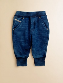 A cool and comfy pair featuring soft cotton styled and washed like denim.Ribbed elastic waistbandPull-on styleFive-pocket styleRibbed cuffsCottonMachine washImported