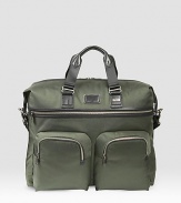 A soft, carry-on size duffel ideal for overnight or weekend travel in soft, high-performance ballistic nylon with a roomy interior and an array of organizer pockets. Leather top handles Adjustable, detachable shoulder strap Zip closure Front and back zip pockets Interior zip, slip pockets 19½W X 15H X 8D Imported