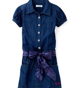 Denim goes luxe with a charming shirt dress from GUESS Kids featuring puff sleeves and a satin ribbon sash detail.
