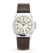 A leather strap lends classic style to this analog quartz watch from Victorinox. Features military time, low battery indicator, date window, luminous hands.