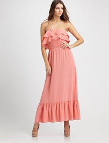 Ruffled tiers of silk flutter over the bodice of this smocked, pull-on style.Strapless tiered, ruffled necklineSmocked bodiceSide slash pocketsRuffled hemSilk liningAbout 44 from natural waistSilkDry cleanImported Ruffled tiers of silk flutter over the bodice of this smocked, pull-on style.Strapless tiered, ruffled necklineSmocked bodiceSide slash pocketsRuffled hemSilk liningAbout 44 from natural waistSilkDry cleanImported