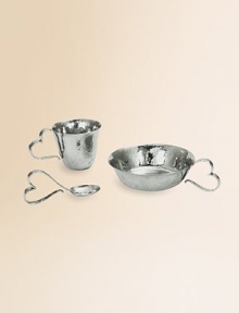 Finding inspiration from the imagery that floats around classic storytelling, this heirloom collection of hand-forged, hammered stainless steel is destined to remain in the family for generations to come. Set includes a cup, bowl and spoon and arrives in a black gift box. From the Heart CollectionBox, 10W X 6¼H X 3½DCup, 2½H X 3½ diam.Bowl, 4½H X 6 diam.Spoon, 4 longHand washImported Finding inspiration from the imagery that floats around classic storytelling, this heirloom collection of hand-forged, hammered stainless steel is destined to remain in the family for generations to come. Set includes a cup, bowl and spoon and arrives in a black gift box. From the Heart CollectionBox, 10W X 6¼H X 3½DCup, 2½H X 3½ diam.Bowl, 4½H X 6 diam.Spoon, 4 longHand washImported