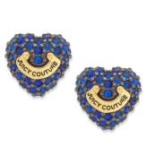 Follow your heart. These ladylike heart stud earrings feature sapphire-hued pave crystals and a gold tone logo banner. Crafted from hematite tone mixed metal. Approximate diameter: 3/8 inch.