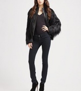 Lush rabbit hair trims this cropped leather topper.Topstitched stand collar Zipper front About 23 from shoulder to hem Leather Spray-dyed rabbit fur Imported Fur origin: China