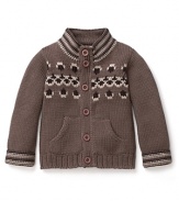 Your little one will be ready to hit the junior ski lodge in this intarsia knit cardigan from Pearls & Popcorn.